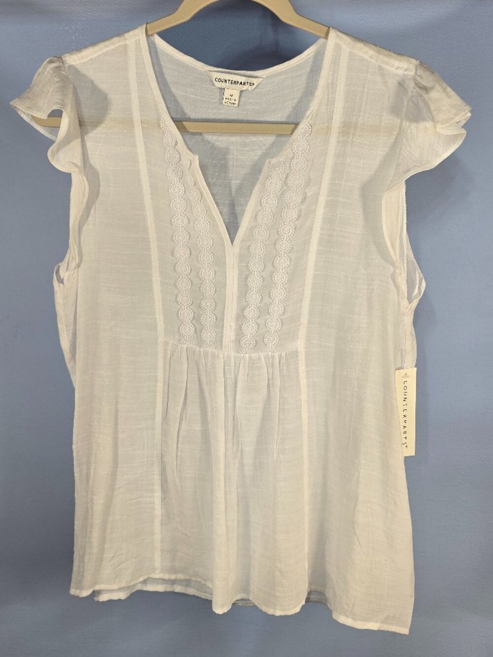 NWT COUNTERPARTS Pullover V-Neck Top Size M Ruffle Sleeve Empire Waist (QQ-23)